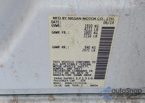 2015 Nissan Altima 2.5 Sl из США, поврежденный, VIN 1N4AL3AP8FC121316